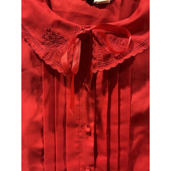1951 Vintage Romantic Red Blouse Peter Pan Collar Embroidered Bow USA Women’s L - Picture 1 of 8